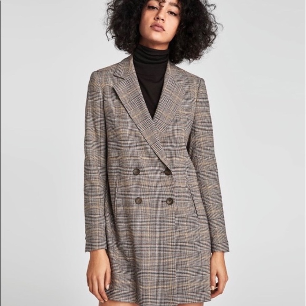 Zara Double Breasted Plaid Blazer